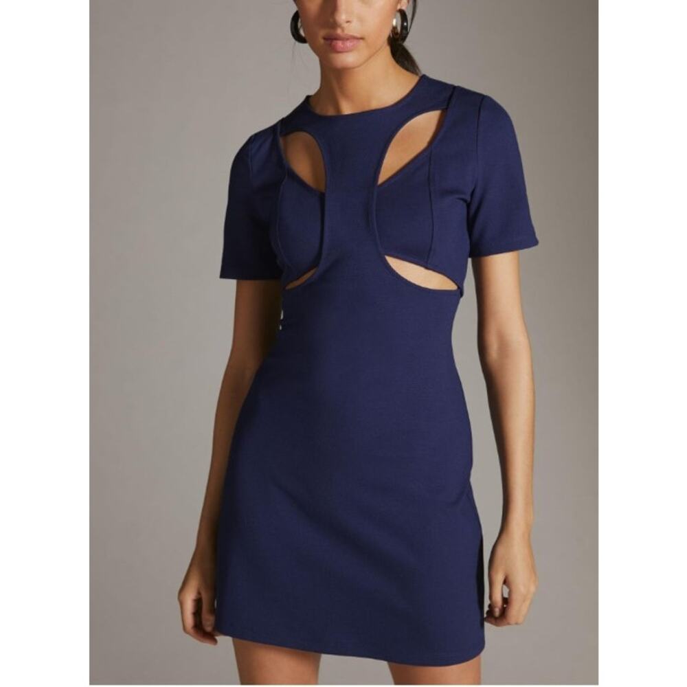 NWT Anthropologie Ponte Cut-Out Mini Dress Size Medium Navy Blue - Picture 1 of 12